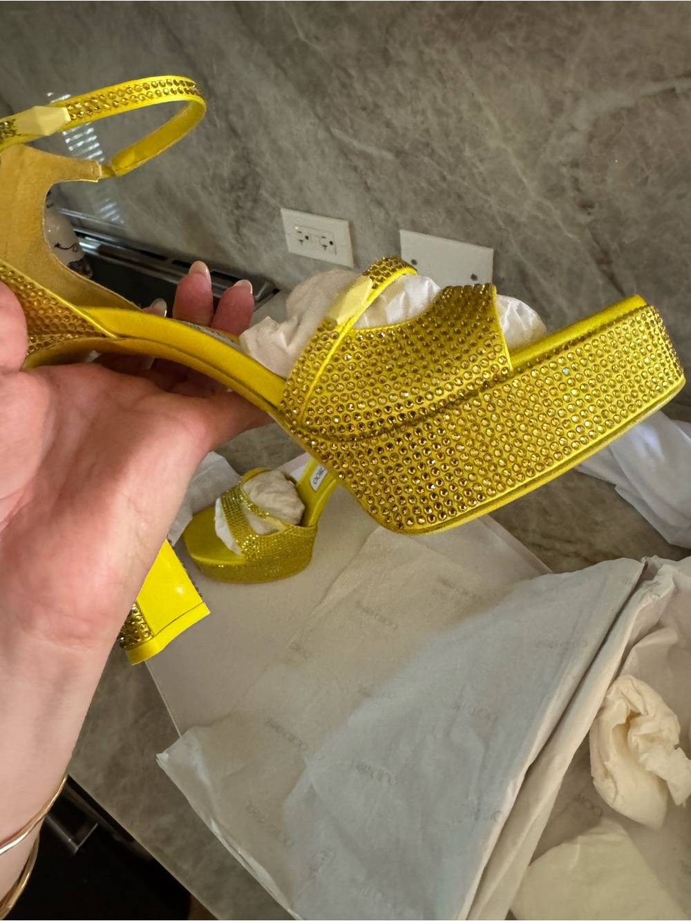 Jimmy Choo Yellow Crystal Embellished Platform Heels - Picture 4 of 9